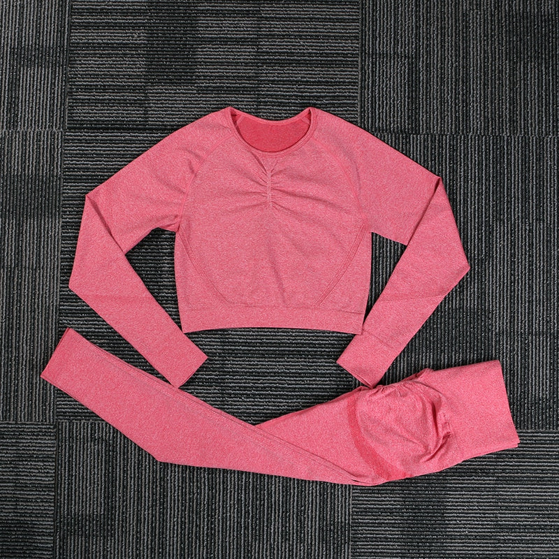 Conjunto de esportes de ioga sem costura feminino ginásio fitness conjunto de duas peças feminino yoga cintura alta esporte push hip leggings roupas de treino para mulheres